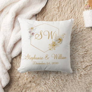 Goldenes Blumenmonogramm-Logo-Hochzeitsgeschenk Kissen