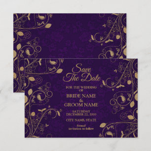 Goldenes Blumenmuster Blätter Lila Moderne Hochzei Save The Date