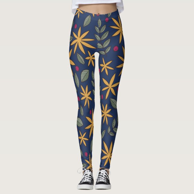 Goldenes Blumenmuster Botanisches Design Leggings (Vorderseite)