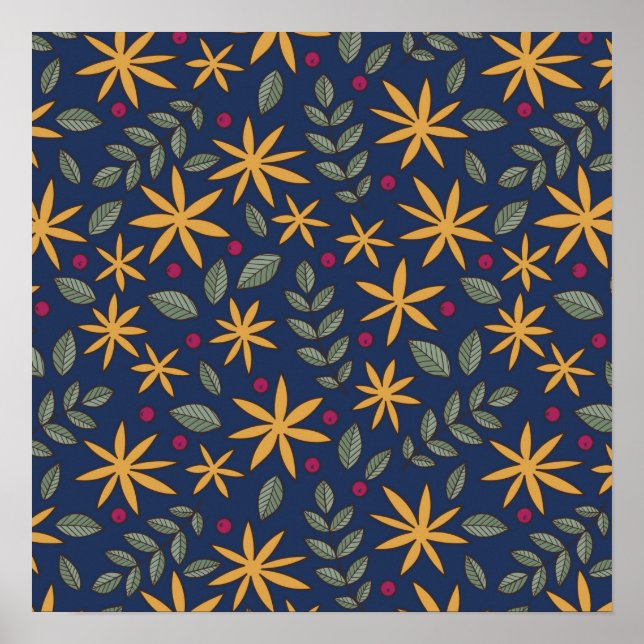 Goldenes Blumenmuster Botanisches Design Poster (Vorne)
