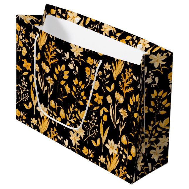 Goldenes Blumenmuster für den Herbst. Black BG Große Geschenktüte (Vorderseite Schrägansicht)