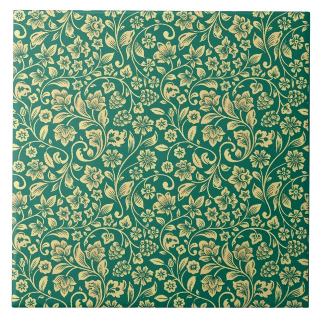 Goldenes Blumenmuster und türkisfarbene Hintergrun Fliese (Vorderseite)