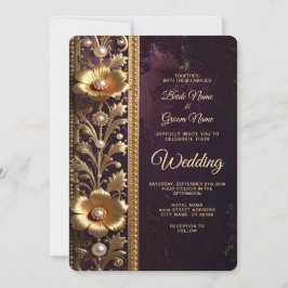 Goldenes Blumenornament mit Perlen Hochzeit Einladung