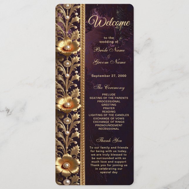 Goldenes Blumenornament mit Perlen Hochzeitsprogra Programm (Vorderseite)