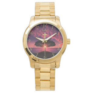 Goldenes christliches Glaubenskreuz mit lustigem S Armbanduhr