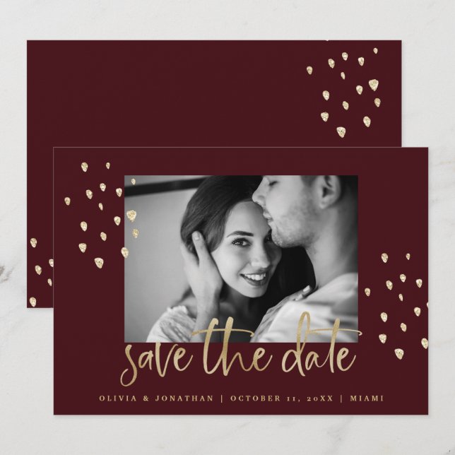 Goldenes Datum | Gold Script Burgundy mit Foto Save The Date (Vorne/Hinten)