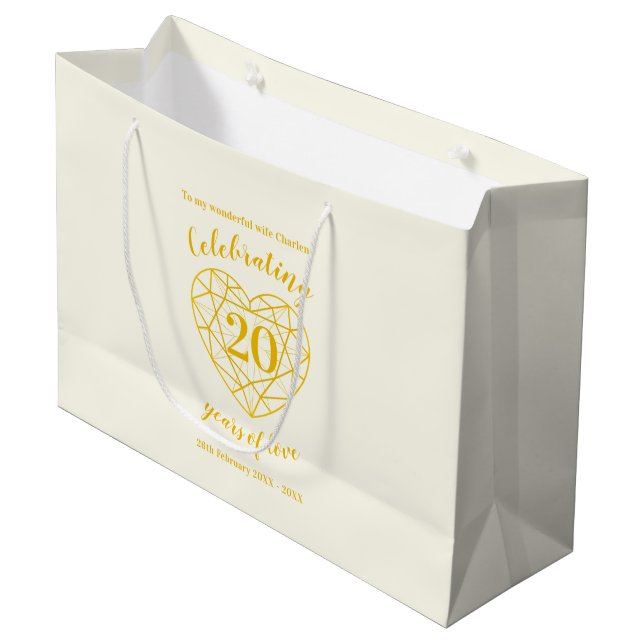 Goldenes Diamantenjubiläum 20 Jahre Liebe groß Große Geschenktüte (Vorderseite Schrägansicht)
