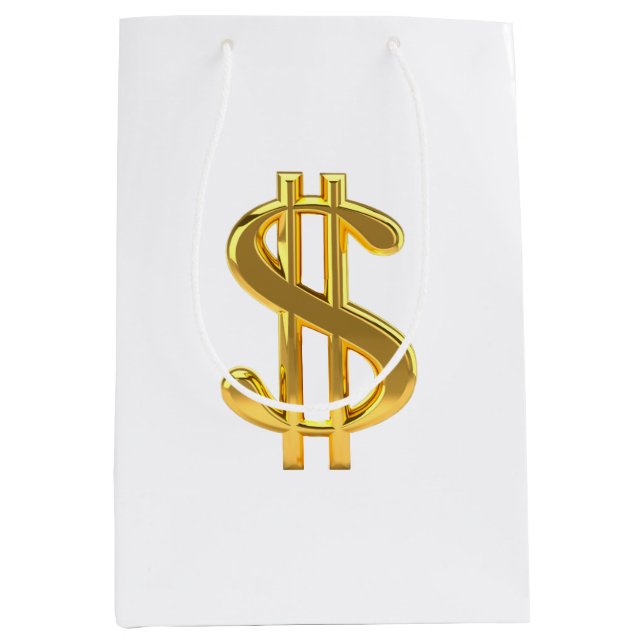 Goldenes Dollarzeichen auf weißer Geschenktasche Mittlere Geschenktüte (Vorderseite)
