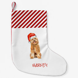 Goldenes Doodle mit Weihnachtsmannmütze Weihnachte Kleiner Weihnachtsstrumpf