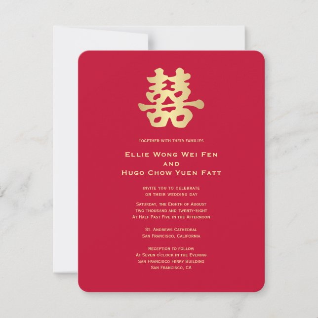 Goldenes doppeltes Glück | Chinesische Hochzeit Einladung (Vorderseite)