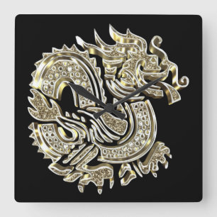 Goldenes Drachenschwarz und Gold Quadratische Wanduhr
