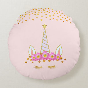 Goldenes Einhorn, Blume & Goldene Confetti auf Ros Rundes Kissen