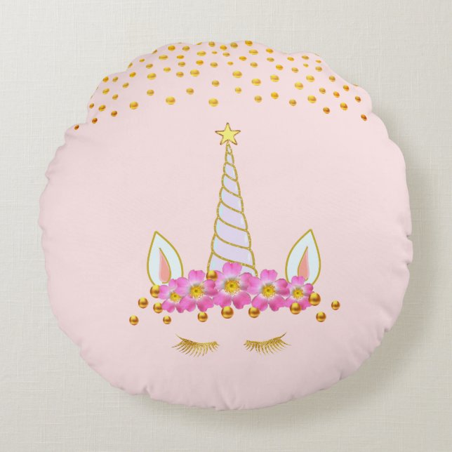 Goldenes Einhorn, Blume & Goldene Confetti auf Ros Rundes Kissen (Vorderseite)