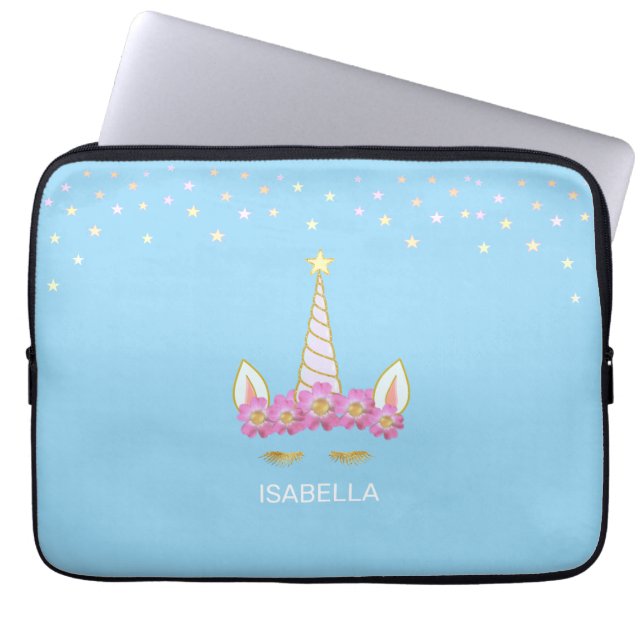 Goldenes Einhorn, Blume & Sterne auf hellblau Laptopschutzhülle (Vorderseite)