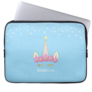Goldenes Einhorn, Blumen & Sterne auf Hellblau Laptopschutzhülle