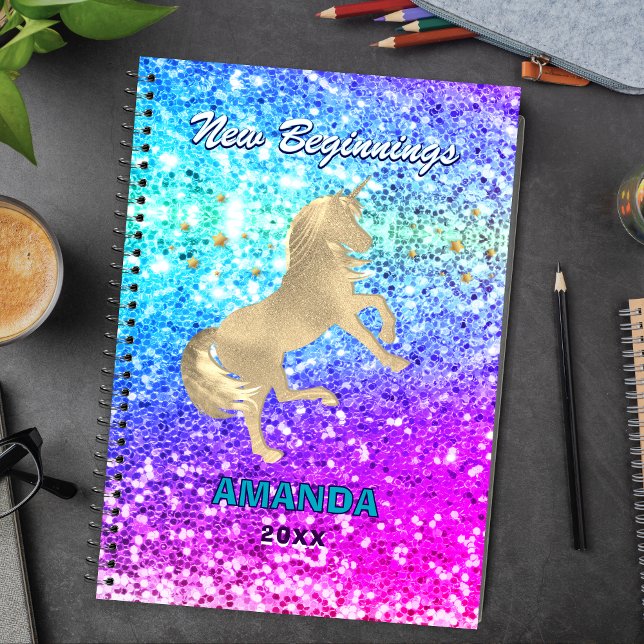 Goldenes Einhorn Glitter-Monogramm groß Neue Anfän Notizbuch (Von Creator hochgeladen)