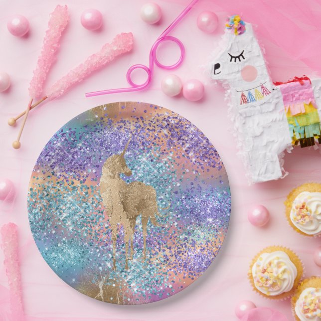 Goldenes Einhorn Sparkle Lila Aqua Rosa Glitzer Pappteller (Party)