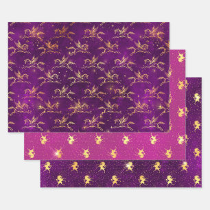 Goldenes Einhorn-Sparkling-Muster auf Lila und Ros Geschenkpapier Set