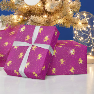 Goldenes Einhorn-Sparkling-Muster auf Magenta Geschenkpapier