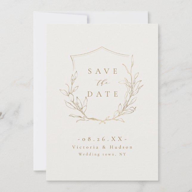 Goldenes, elegantes botanisches Wappen Hochzeit re Save The Date (Vorderseite)