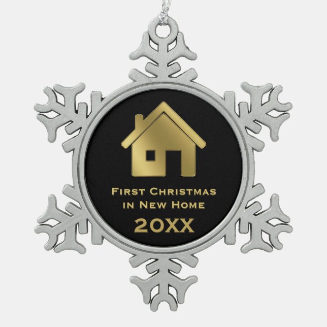 Goldenes erstes Weihnachten im neuen Zuhause 20XX Schneeflocken Zinn-Ornament (Vorderseite)
