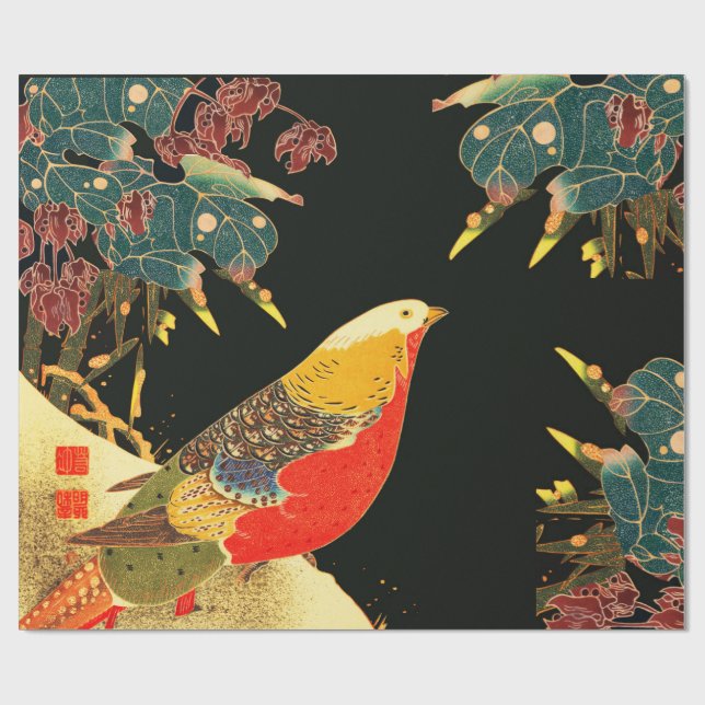 Goldenes Fasan im Schnee Antike Japanische Blume Geschenkpapier (Flach)