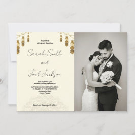 Goldenes Feather und Art Beige Hochzeit mit Foto Einladung