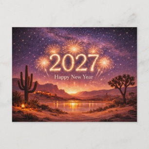 Goldenes Feuerwerk 2027 Wüsten-Nacht-Himmel-Feier Feiertagspostkarte
