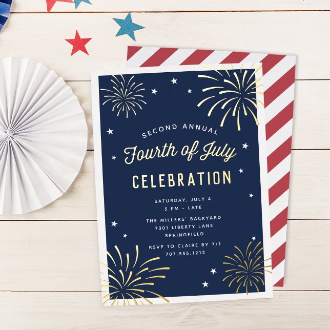Goldenes Feuerwerk Amerikanische Unabhängigkeitsta Folieneinladung (Von Creator hochgeladen)