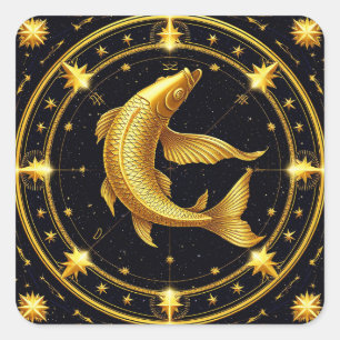 Goldenes Fische-Sternzeichen-Symbol umgeben von St Quadratischer Aufkleber