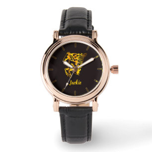 Goldenes Flammenpferd mit individuelle Name Armbanduhr