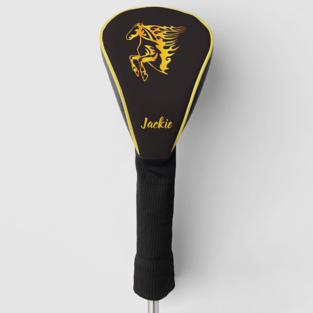 Goldenes Flammenpferd mit individuelle Name Golf Headcover (Vorderseite)