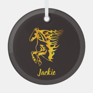 Goldenes Flammenpferd mit individuelle Name Ornament Aus Glas