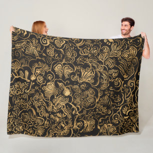 Goldenes florales Barockmuster auf Schwarz Fleecedecke