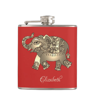 Goldenes florales Paisley-Elefant,Rot- Personalisi Flachmann