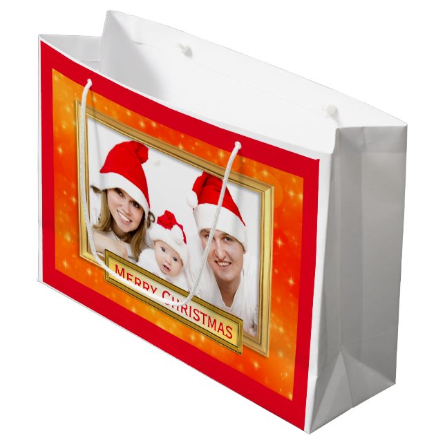 Goldenes Foto Frame II + Ihr Foto & Text Große Geschenktüte (Vorderseite Schrägansicht)