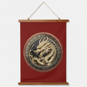 Goldenes geheiligtes östliches Drachenmedaillon Wandteppich Mit Holzrahmen