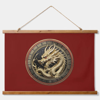 Goldenes geheiligtes östliches Drachenmedaillon Wandteppich Mit Holzrahmen