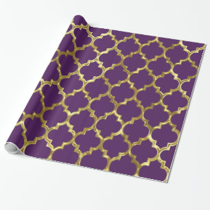 Goldenes geometrisches Vierpass-Muster auf Lila Geschenkpapier