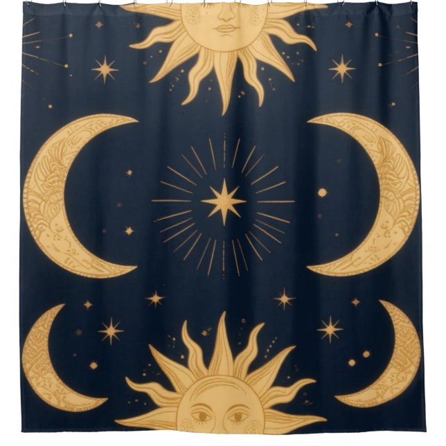 Goldenes Gleichgewicht, Sonne & Mond Himmelsmuster Duschvorhang (Vorderseite)