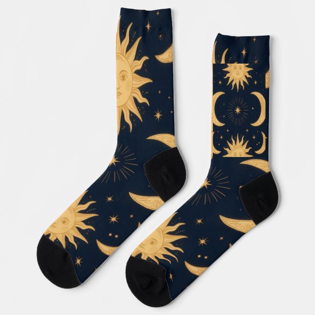 Goldenes Gleichgewicht, Sonne & Mond Himmelsmuster Socken (Linkes Detail)
