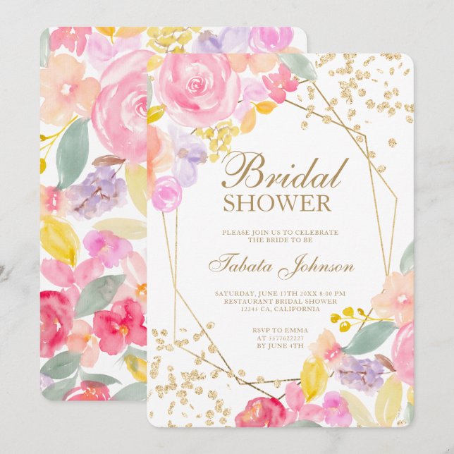Goldenes Glitzer Chic florales Brautparty Einladung (Vorne/Hinten)