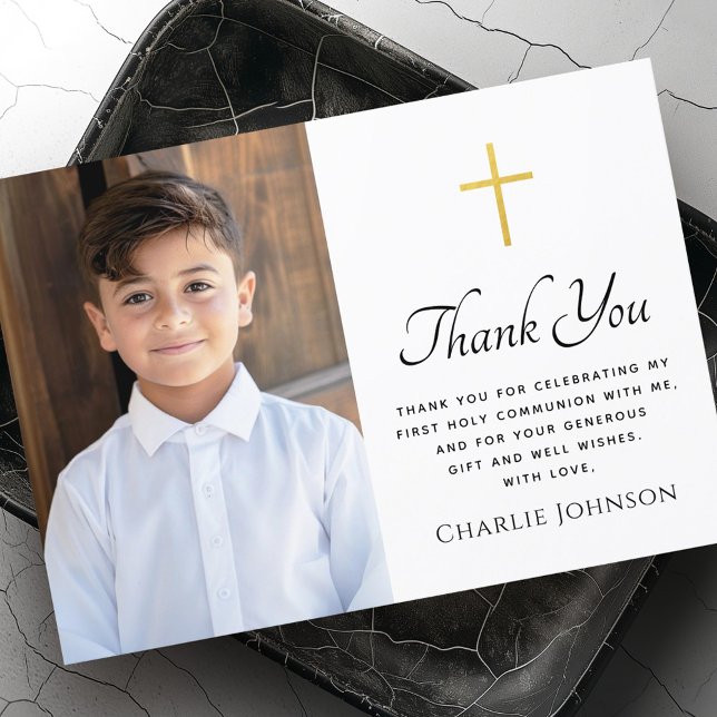 Goldenes Gradientenkreuz der ersten Heiligen Kommu Dankeskarte (First holy communion golden gradient cross photo thank you card)