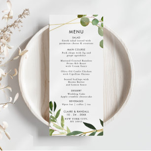 Goldenes grünes Eukalyptus-Hochzeitmenü Menükarte