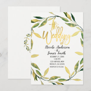 Goldenes grünes Leaf Wreath Moderne Hochzeit Einladung