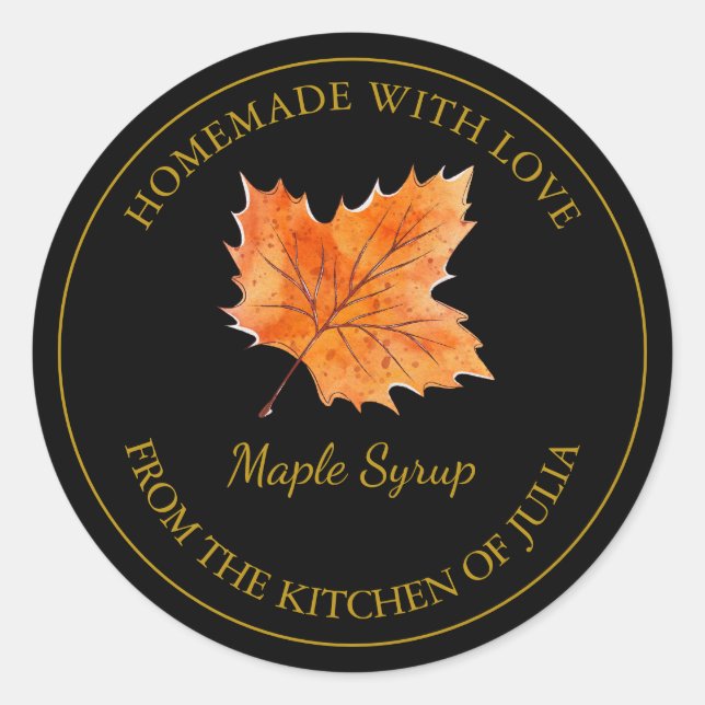 Goldenes hausgemachtes Ahornsirup-Label | Schwarz Runder Aufkleber (Vorderseite)
