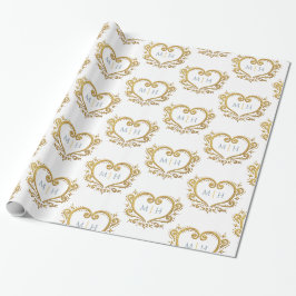 Goldenes Herz auf weißer, staubblauer Monogramm-Ho Geschenkpapier