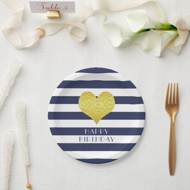 Goldenes Herz Blau und Weiße Streifen Happy Birthd Pappteller (Hochzeit)
