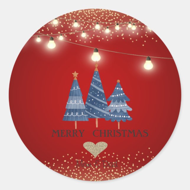 Goldenes Herz, blaue Weihnachtsbäume, String-Licht Runder Aufkleber (Vorderseite)