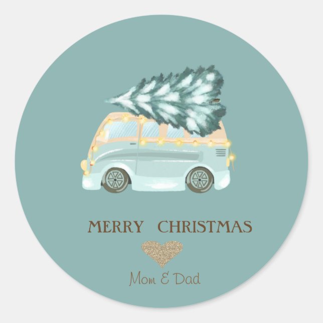 Goldenes Herz, grüner LKW Pine Tree Weihnachten Runder Aufkleber (Vorderseite)